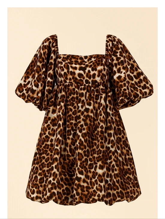 Leopard Print Puff Sleeve Mini Dress - Brown - Picture 2 of 5